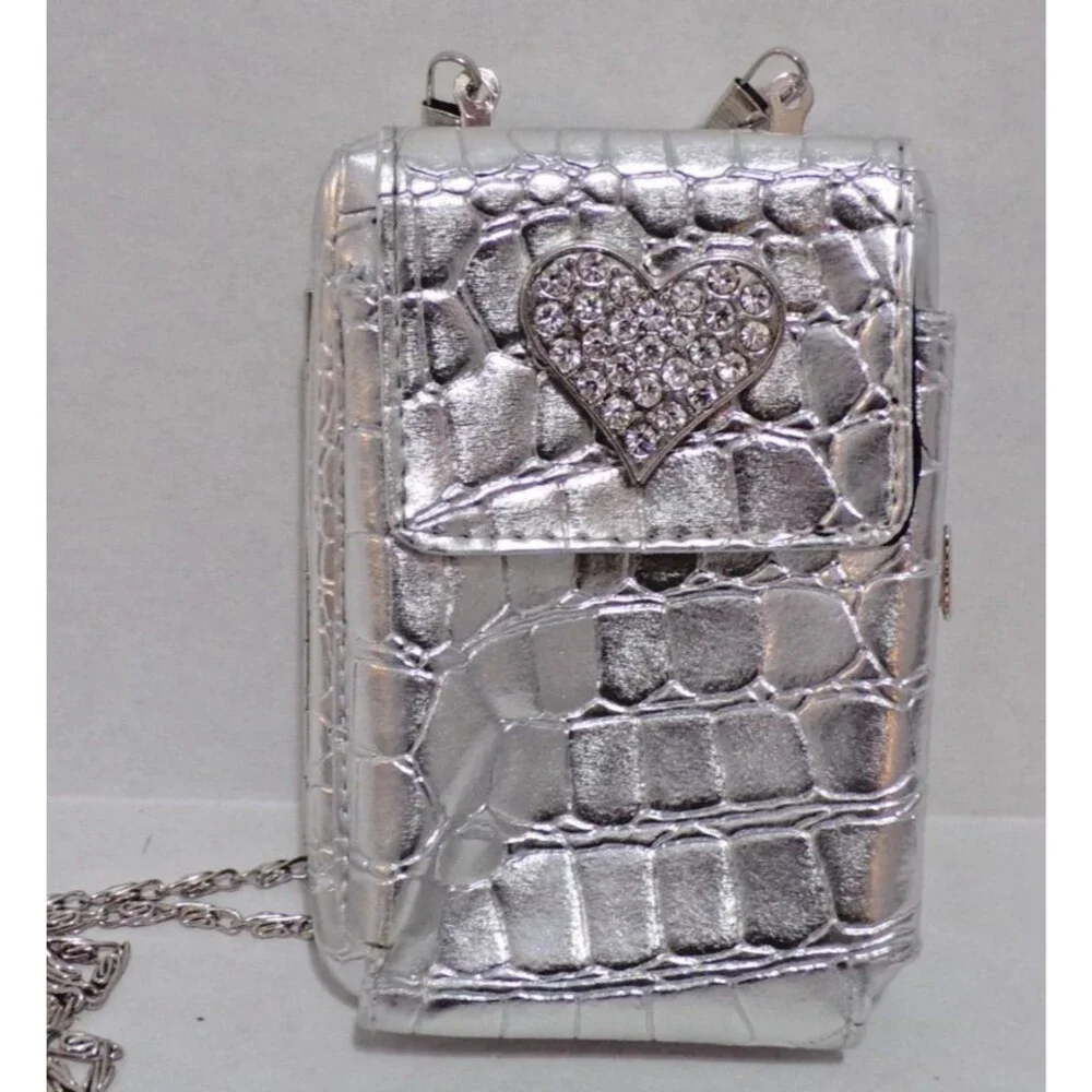 Crossbody Rhinestone‎ Silver Heart Change Credit Card ID Pouch Chain Strap Snap